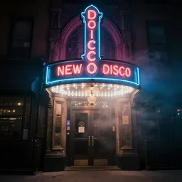 entrance to a disco club in new york with a neon sign at nightime, heavy mist, gothic, highly detailed, photography
