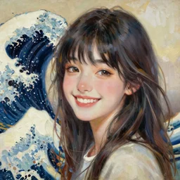 beautiful young heroine like twice tzuyu+laughing+happy+smoky eyes+front face with light flowing hair smiling, great wave of hokusai, oil painting, portrait, acryllic spill, intricate complexity, rule of thirds, in the style of Kazuki Tanahashi, Genzoman, face by Artgerm and WLOP, fantasy character concept, Artgerm, watermark, blurry,cropped,  8k