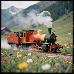 kodak portra 4 0 0, wetplate, muted colours, blueberry, action photography, 1 9 2 0 s, long shot, macro photo of a colourful steam engine blowing bubbles near by beautiful flower meadow alps, motion blur, tiny gaussian blur, depth of field