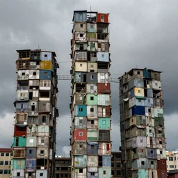 three high towers, made up of makeshift squatter shacks with faded colours, dystopia, hasselblad x 1 d, moody sky at the back, fully frontal view, very detailed, ultra sharp, photographed by jeanette hagglund