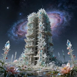 unfinished building by peter doig, flowers crystal galactic cgsociety futuristic wilderness made of glass bioshock otherworldly cosmic matte painting, archdaily, wallpaper, highly detailed, trending on artstation.