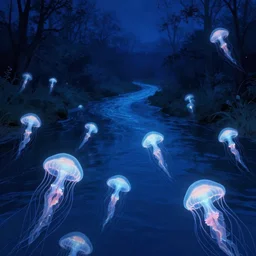 glowing jellyfish immigration down a river, evocative, mystical night, detailed, award - winning, trending on artstation artwork by thomas kinkade,