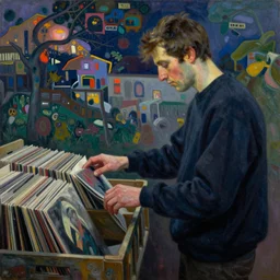 Moodymann browsing a crate of records, oil on canvas, by Egon Schiele