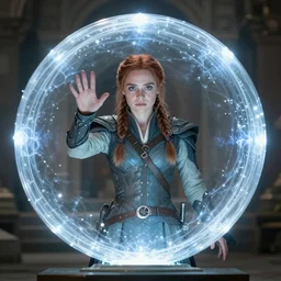 ( katniss everdeen ) as the ancient one, creating a magical energy shield dome, film still from'doctor strange'
