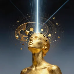 a golden woman 2/3 portrait, in space, head breaking apart and spiraling geometry into the sky upwards into the heavens, 3 point perspective, lazer light beaming down to top of her head, by james jean,  by syd mead artgerm,  featured in artstation,, elegant, Moebius, Greg rutkowski,  futurism