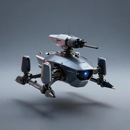 small flying robot with mounted turret, sharp edges, sinister, studio lighting, advertising photography, octane render