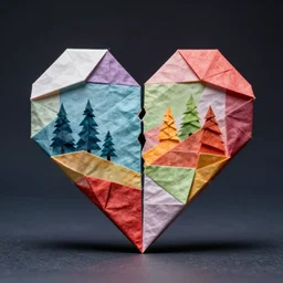 ripped in half, origami, heart, colorful