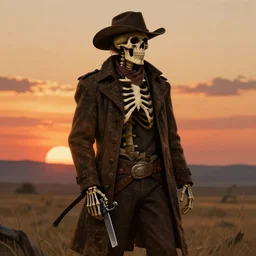 a wounded skeleton cowboy in a long coat watching a sunset, concept art, DeviantArt, art station, illustration, highly detailed, artwork, cinematic, hyper realistic