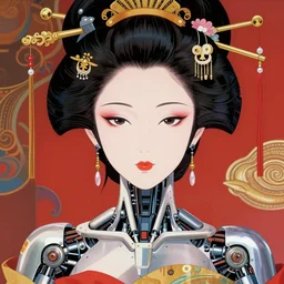 portrait of cyborg geisha by sandra chevrier, by makoto shinkai, cybernetics, glamor shot, closeup, vivid colours, hyper realistic detailed intricate render, hypermaximalist, ornate, epic composition, sharp focus, masterpiece