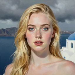 professional painting of Elle Fanning in Santorini in the style of Daniel Garber, head and shoulders portrait, symmetrical facial features, smooth, sharp focus, illustration, intricate, stormy weather, extremely detailed masterpiece,