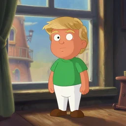 little ginger donald trump in white pants and green shirt, in a room, closeup, old town through window, fantasy, concept art, artstation, disney, pixar, dreamworks, anime, tyler edlin, feng zhu, jparked, thomas karpi