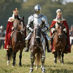 a knight on a horse in battle armor standing before his king on a tournament, photorealistic