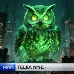 a giant green glowing owl destroying a city, monster, hideous, lovecraftian, creepy, news report photo, ultra high resolution, incredibly detailed
