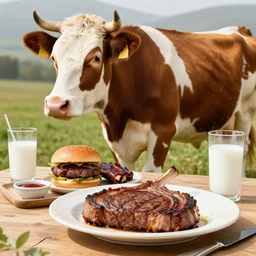 a cow standing by a dinner table with a ribeye steak , a hamburger, beef BBQ ribs, and a glass of milk