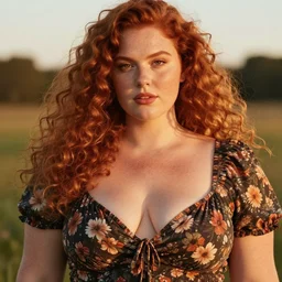 DSLR photography medium closeup of a gorgeous red haired woman with big curly hair and freckles, curvy figure wearing dress with flower print, trending on instagram, golden hour, warm lightroom preset