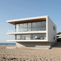 architecture ad for a mid-century modern house on the beach, designed by Norman Foster. Film grain, cinematic, yellow hue