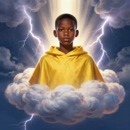 upper half portrait of an african boy - in yellow cape - inside puffy clouds - surrounded by bolts of lightning - rays of light emanating from clouds - in drew struzan movie poster style, art by drew struzan & hsiao - ron cheng, highly detailed, digital painting, ray tracing, illustration, smooth, sharp focus, intricate, symmetry, artstation,
