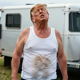 photo of trump in a trailer park wearing a dirty white wifebeater tank top visibly drunk