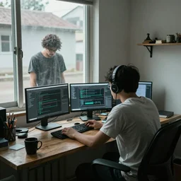 a programmer working from home while outside everyone is poor