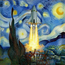 a painting of a space ship launching by van gogh