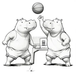 men with hippo heads playing basketball, by Ken Sugimori, mono-color