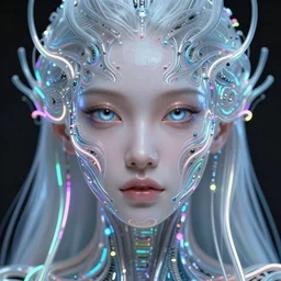 very beautiful woman, bionic pupils, full face frontal centered, portrait, abundent detailed intricate symmetrical ornate neon cables connected to head, clear lips, luxurious long hair, sophisticated abundent neon wiring and implants, translucent, porcelain, fractal, sci - fi, dramatic lighting, photography, highly detailed, artstation, deviantart, 8 k, by chie yoshii