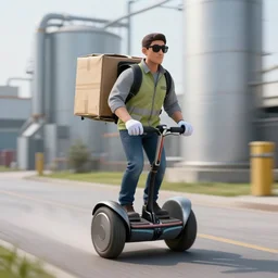 anthropomorphic segway speeding through an industrial environman delivering packages