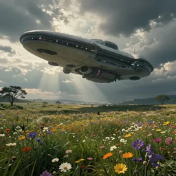 fantasy landscape, the alien mothership landing in a field of flowers