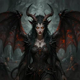 a symmetrical matte portrait of evil druidess with glowing amber eyes, dragon wings and demonic antlers, cinematic atmospheric lighting, dark, atmospheric, brooding, painted, intricate, ultra - portrait by dave dorman hieronymus bosch, cyril rolando, esher and natalie shau, whimsical, profound, impossible. trending on devaintart.