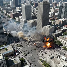 aerial photo of one million people fighting against military in a large city, explosions can be seen, war