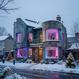cyberpunk, winter in the snow, Christmas lights, external view of a 5 bedroom detached cyberpunk house in the UK, by Paul Lehr