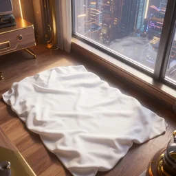 top down angled close up photo of white sheets lying on the floor near a corner window in a futuristic cozy bedroom from overwatch and oblivion movie, by wlop by jungyeonmin and james jean jhonseru jsezz artstation and greg rutkowski, with some wood and gold details, biomechanical, lens orbs, global illumination, with a window overlooking a cyberpunk metropolis, lounge, architectural, volumetric lighting, granular detail, japandi, hyperrealist, micro details, blender, vray