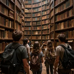 Explorers discover a vast library, fantasy, close up, trending on artstation