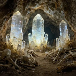 a cave with huge glowing crystals in the walls and piles of bones on the floor, art by alexey gogin