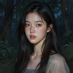 beautiful digital painting of a hoyeon jung stylish female forest at night with high detail, real life skin, freckles, 8 k, stunning detail, works by artgerm, greg rutkowski and alphonse mucha, unreal engine 5, 4 k uhd