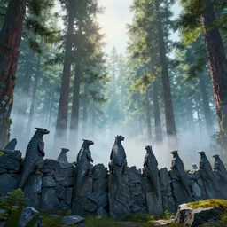 a wall of slate creatures standing guard before the infinite pine forest, volumetric fog, beautifully colored, raytracing, back light, raymarching, by ilm, by digital domain, by weta digital
