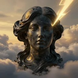 epicillustration, abstract sculpture of beautiful female face and black swirling liquifying acrylic portrait, fluffy clouds, golden hour, beautiful light, 3 d sculpture of carving marble, dark colors, dark mood, one point lightning, golden spirals, epic matte painting, concept art, digital painting