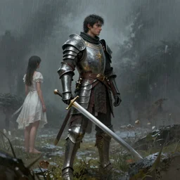 a single hero standing on a battlefield on a rainy day, the hero is wearing armor and a sword, the hero is facing a girl in a white dress. by Ciryl Rolando, hyperrealistic illustration, digital art, studio lightning