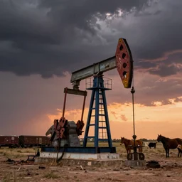 photo of a stormy west texas sunset, perfect rustic ( ( pumpjack ) ), abandoned train, horses, cows, high resolution lightning, golden hour, high detail, beautiful!!!