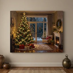 a christmas eve photorealistic painting on the wall, home, interior, octane render, deviantart, greg rutkowski, cinematic, key art, hyperrealism, canon eos c 3 0 0, ƒ 1. 8, 3 5 mm, 8 k, medium - format print