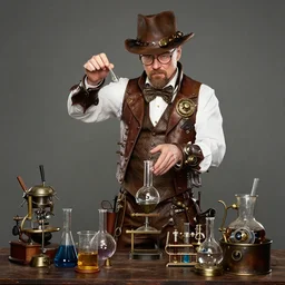 studio photo of steampunk!!! walter white doing dangerous chemistry in a steampunk style