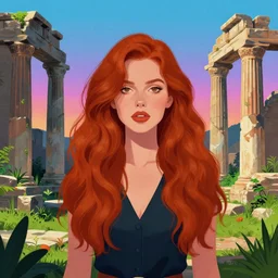 a portrait of a redhead woman  and ancient ruins with plants,digital art,retrowave art,trending on art station