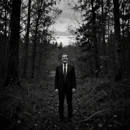 ted cruz with a wide grin standing alone in the distance in a dense forest landscape over a twilight sky, black and white, evil, eerie, creepy, lovecraftian