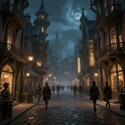 fantasy steampunk victorian city street, with people walking on the streets, at night, 4k, concept art