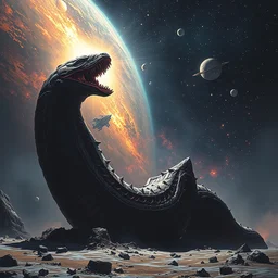a space worm eating a star. cosmic dread, establishing shot, greg rutkowski