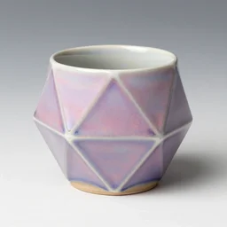 icosahedron geodesic triangle pottery mug glazed with pearlescent purples and pinks