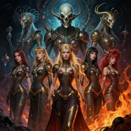 fractal cosmic steampunk biopunk cyberpunk bioshock goth lofi anime cosplay divine space doom elden ring fame of thrones, intricate detail, portrait of multiple women rule of thirds golden ratio, giger, greg rutkowsky, gustav dore, artgerm, underwater fire flame, pixar style, by tristan eaton stanley artgerm and tom bagshaw.