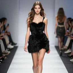full body aesthetic digital illustration of a beautiful young woman walking a runway in a furry little black dress, by wlop and Julia Razumova, realistic, photorealistic, cosplay, octane, deviantArt, trending on artstation, artstation HQ