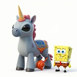 a gray alien unicorn, a robotic crab with african decoration and a spongebob puppet