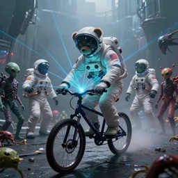 aphex twin djing on venus full laser shiw, extreme bikeh, hdr, dancing aphex twin bears in astronaut suits, mist, insane crowds of aliens, humans in space suits, and creatures, hyperrealistic